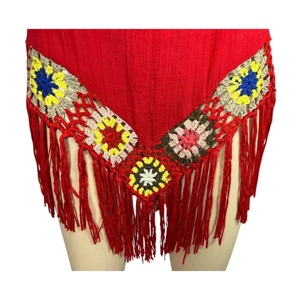 Dasayo Boho V-Neck Red Crochet Trim Swim Cover-up Size M Boho Grandmacore